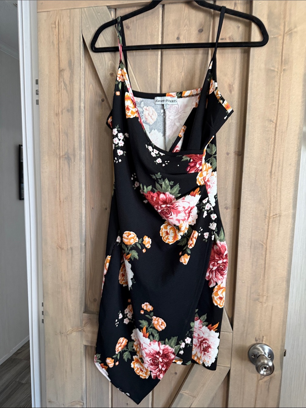 Almost Famous Black Mini Slip Dress with Pink & Orange Floral Print